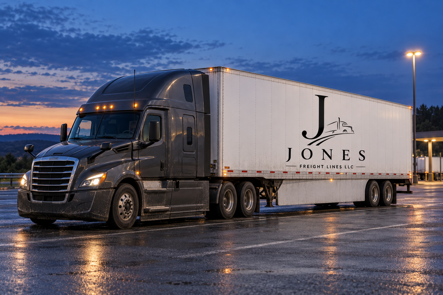 Concept image of a Jones Freight tractor and trailer at dusk